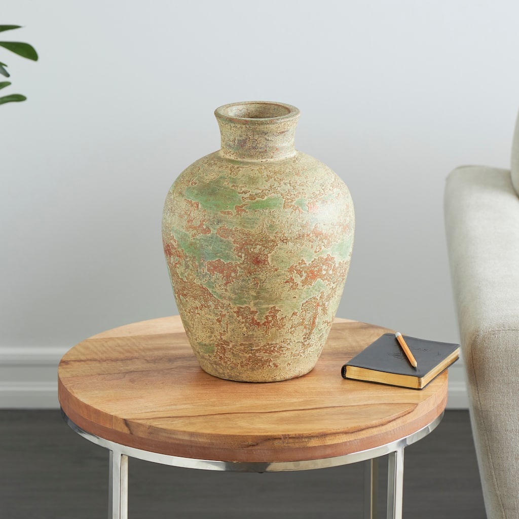 Brown Ceramic Antique Style Textured Decorative Vase with Green and Copper Accents