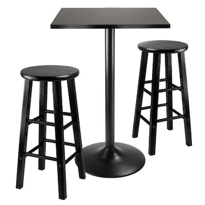 3-Pc Square Pub Table and Round Seat Counter Stools, Black - 23.62 x 23.62 x 34.65 inches