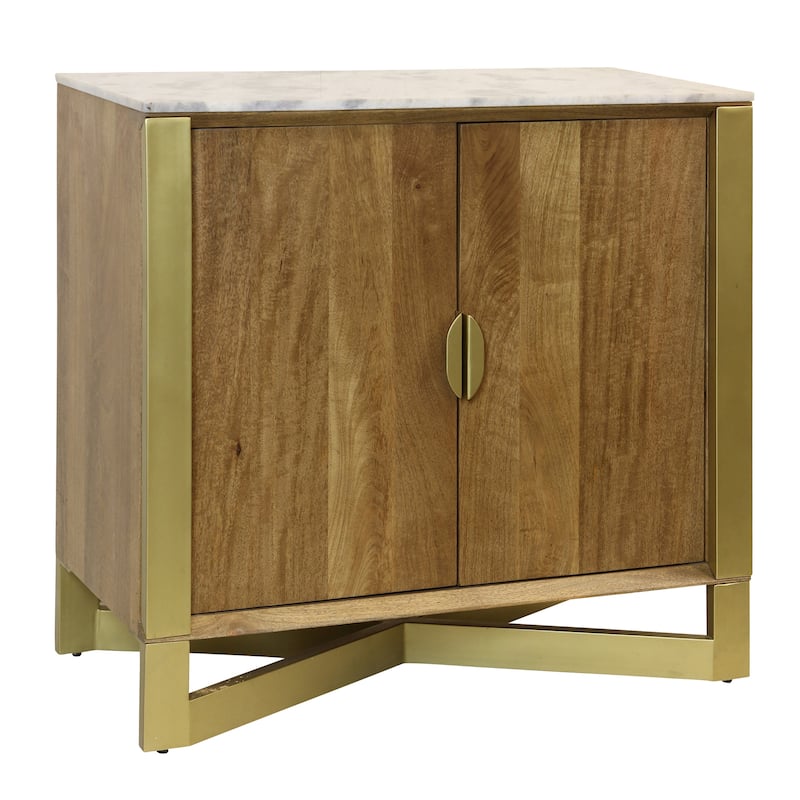 StyleCraft Astoria Barcelona 2-Door Cabinet - Light Tobacco with Marble Top - Light Tobacco, White, Brass