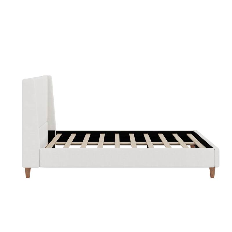 Velvet Upholstered Wingback Bed Frame with Headboard and Walnut Wooden Legs, No Box Spring Needed Low Profile Platform Bed