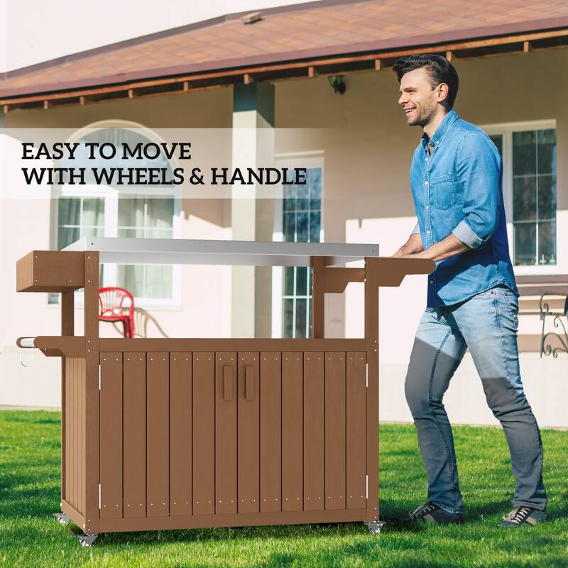 Stainless Steel and HDPE Outdoor Bar Cart with Cabinet, Hooks, and Swivel Casters Mobile Serving Table