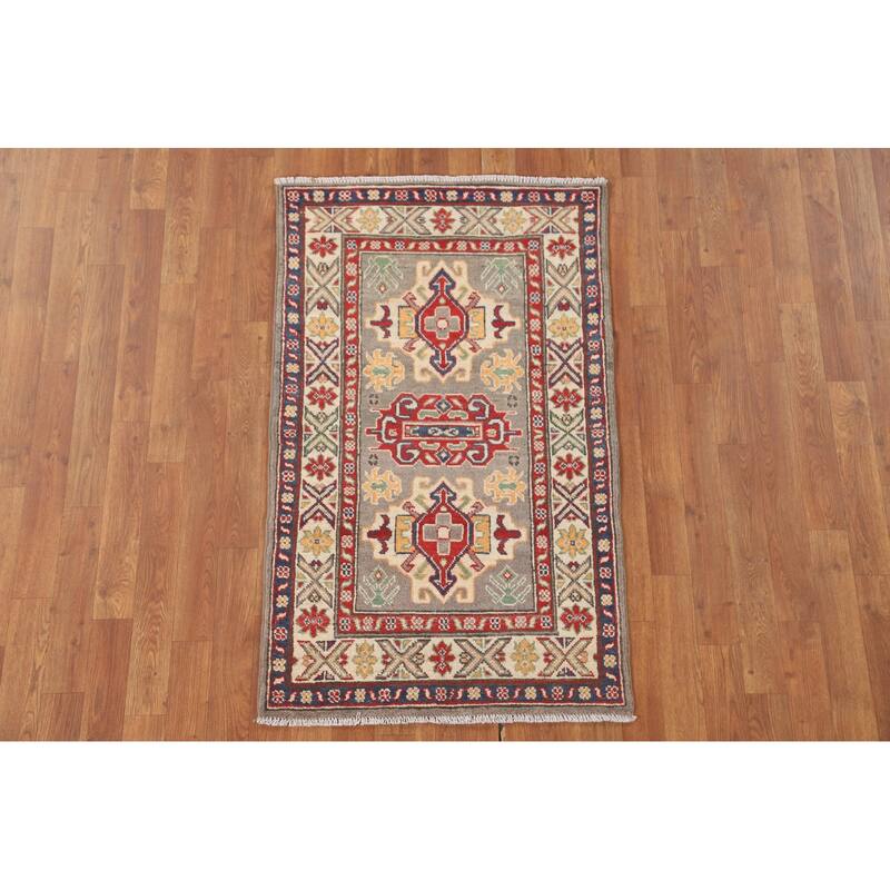 Geometric Kazak Accent Rug Hand-Knotted Grey Wool Carpet - 2'6" x 4'3"