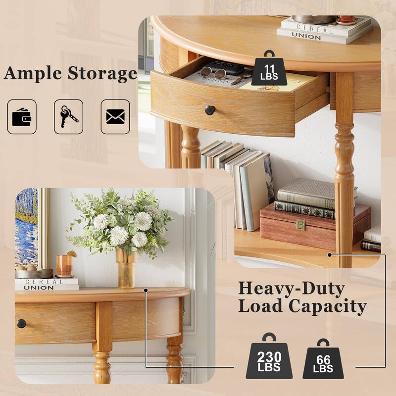 Roomfitters Farmhouse Half Moon Console Table with Shelf, Rustic Accent Sofa Table for Entryway, Living Room, Hallway