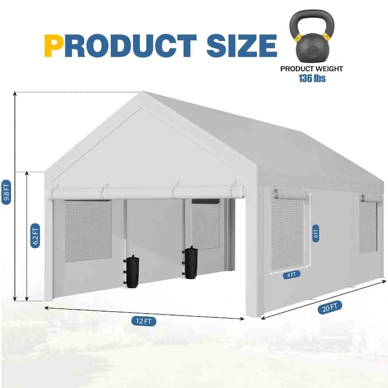 Futzca 12x20 ft Carport Canopy, Waterproof Outdoor Shelter with Sandbags