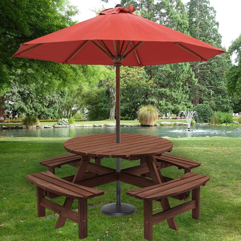 8 Person Dining Table with 4 Built-in Benches Outdoor Camping Round Dining Table Poolside Picnic Beer Table with Seat