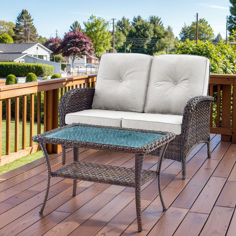 Outdoor Patio Loveseat Sofa with Coffee Table - Brown - Beige