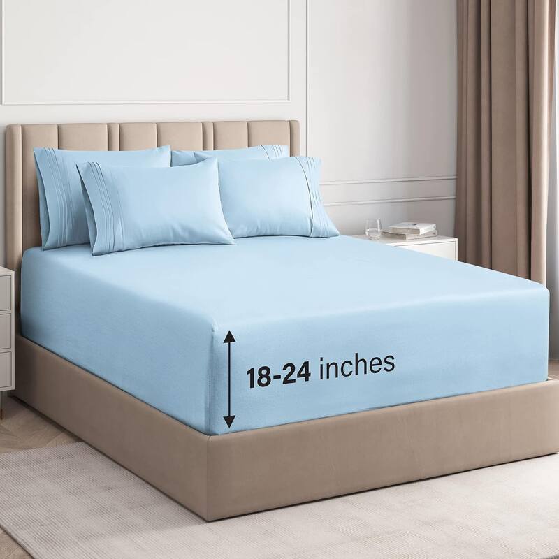 CGK Linens Extra Deep Pocket Microfiber 6 Piece Bed Sheet Set Soft & Cooling - King - Light Blue
