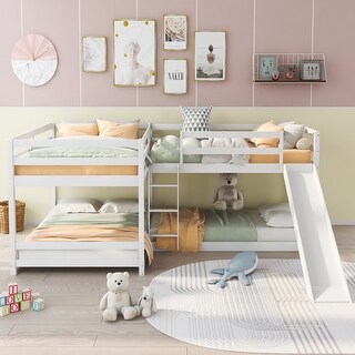 Full and Twin Size L-Shaped Bunk Bed with Slide and Short Ladder, White