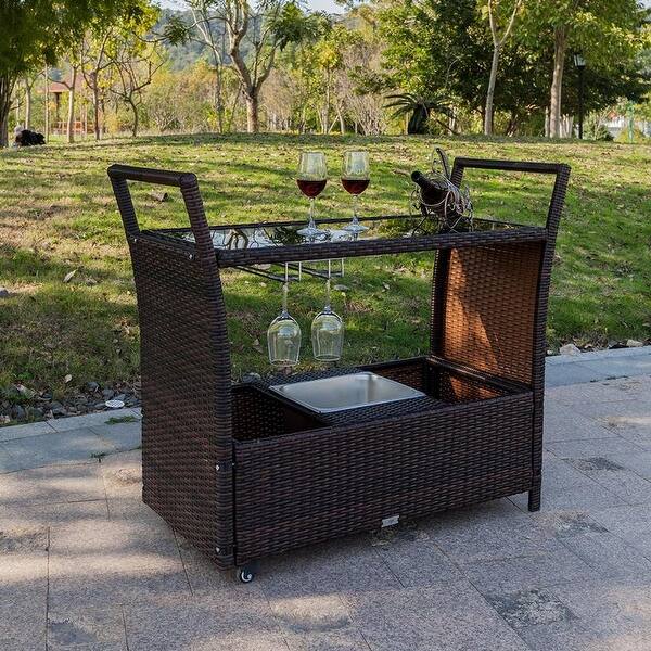 Outdoor Patio Wicker Rattan Serving Bar Cart With Ice Bucket Wine Rack Brown Overstock 28065430