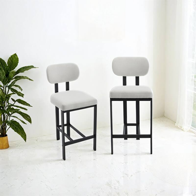 Set of 2 26 inch Modern Bar Stools Upholstered Fabric Counter Height Barstools with Black Metal Legs - Cream