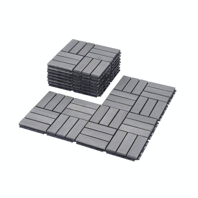 10 PCS Interlocking Deck Tiles Checker Pattern, 12" x 12" Light Gray Square Acacia Hardwood Outdoor Flooring