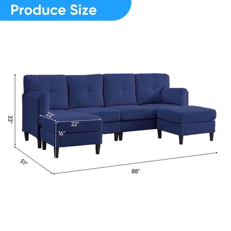 Mixoy Corduroy U-Shape Modular Convertible Sectional Sofa,Upholstered 4-Seater Sofa Couch with Movable Ottoman