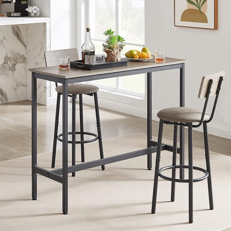 3 Pieces Bar Table and 2 Chairs Set, Industrial Style Bar Stools PU Upholstery Seat with Backrest - Grey