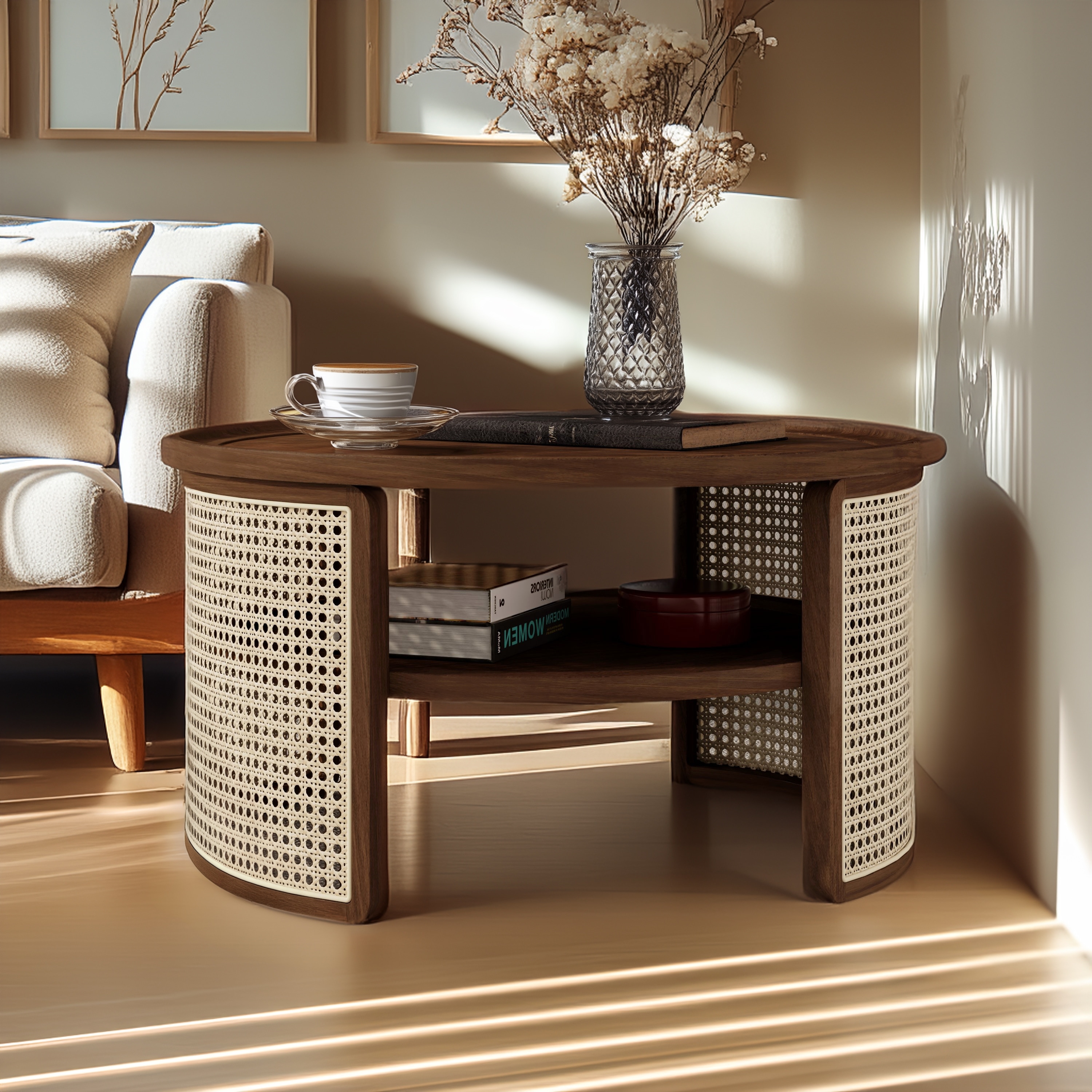女の子向けプレゼント集結 Rattan Storage with Table Coffee Round 2-Tiered Base On - その他