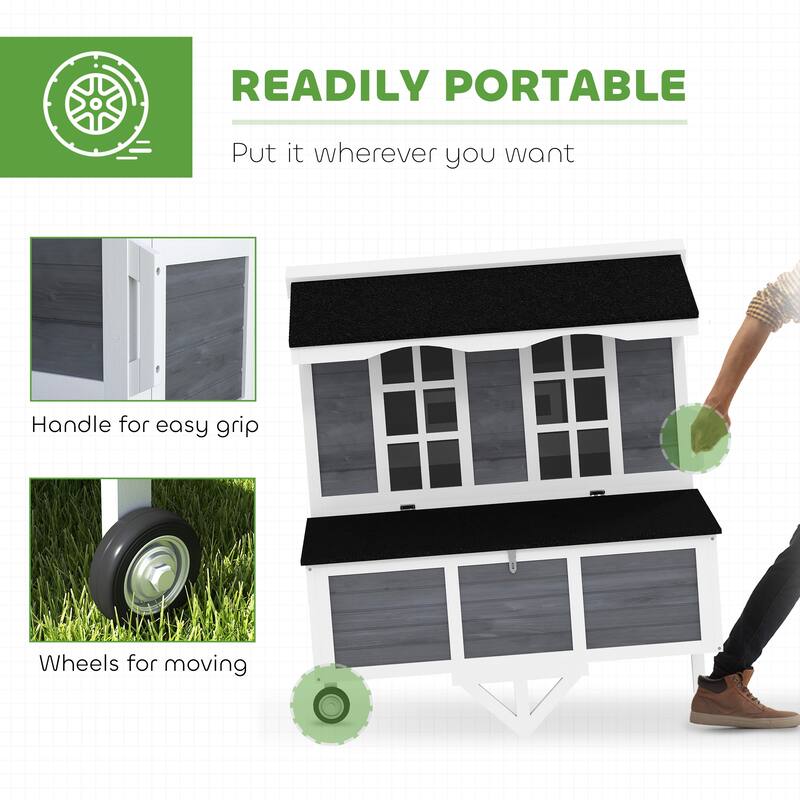 PawHut 43" Chicken Coop with Wheels, Mobile Chicken House with Nesting Box, Windows, Pull-out Tray, Perches