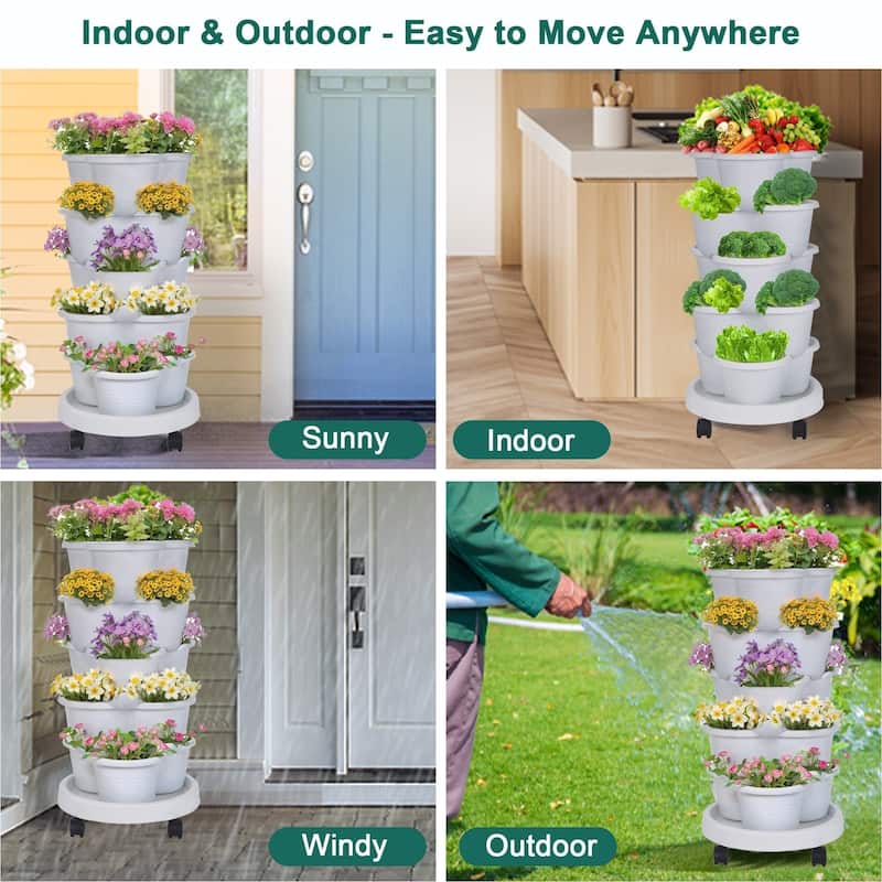 Javlergo 5 Tier Stackable Strawberry Planter White Vertical Garden Planter with Wheels for Indoor and Outdoor Use