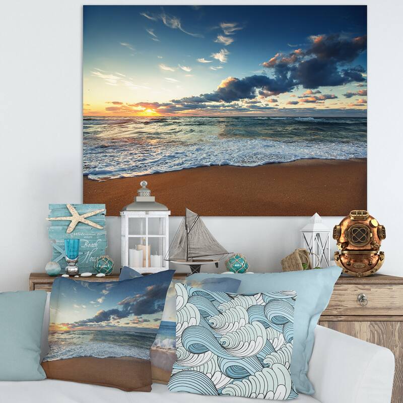 Sunrise and Glowing Waves in Ocean - Seashore Canvas Wall Art
