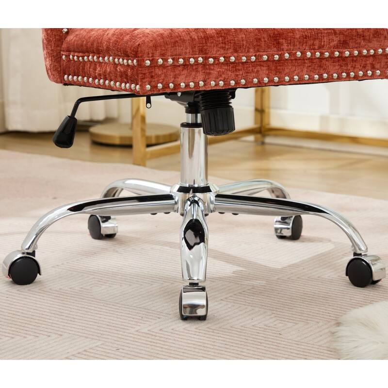 Chenille Upholstered Swivel Office Chair, Tufted Button Home Office Chair, Adjustable Vanity Chair with Metal Base