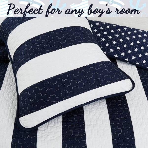 3 Piece Reversible Navy White Stars Stripes 100Percent Cotton Quilt