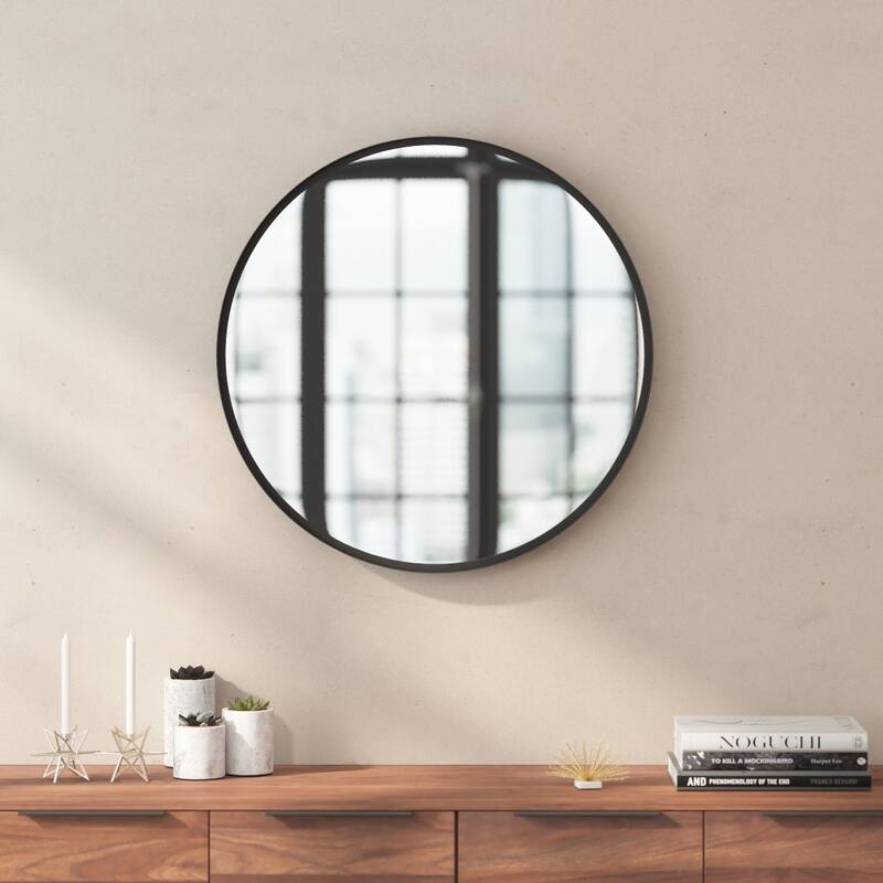 Wall Mount Shatterproof Round Accent Wall Mirror with Metal Frame - 27.5" - Black