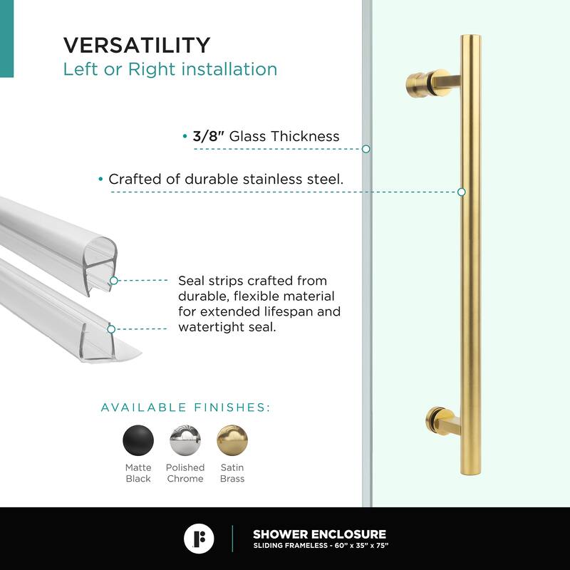 Fine Fixtures Frameless Shower Enclosure Sliding Shower Glass Door - Tempered Glass