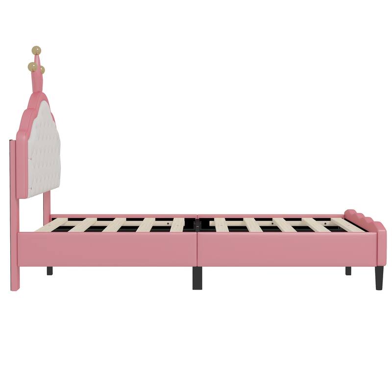 Crown-Shaped PU Leather Princess Bed with Tufted Headboard, Full Size Pink & Cream