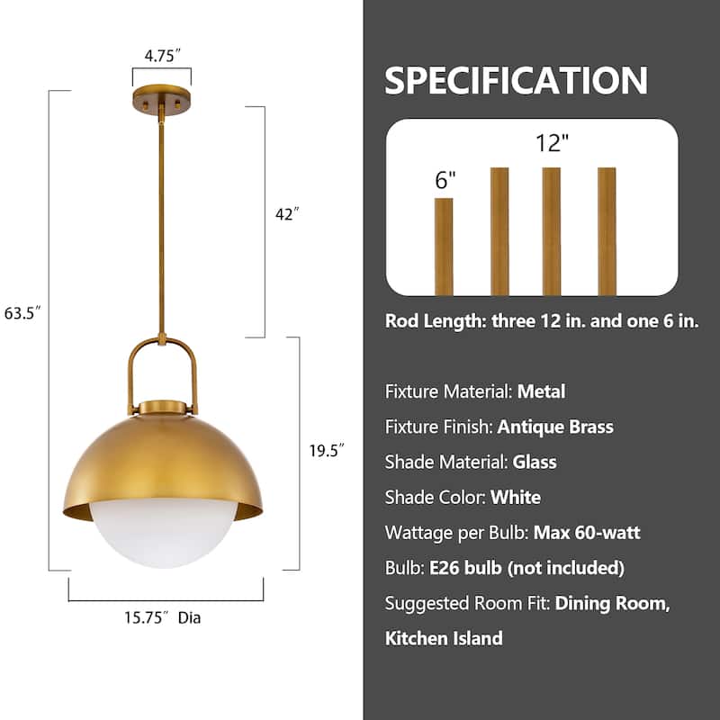 1-Light Gold Finish Modern Pendant Light Fixture with Opal Glass Shade for Dining Room or Kitchen Island