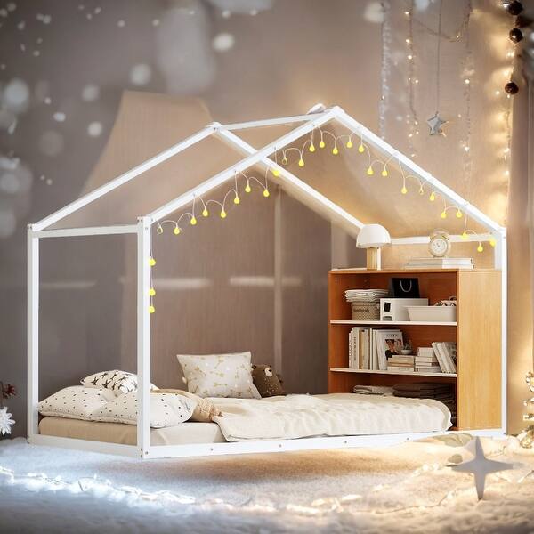 slide 2 of 32, LED Metal PlayHouse Bed Frame with Bookshelves White - Twin