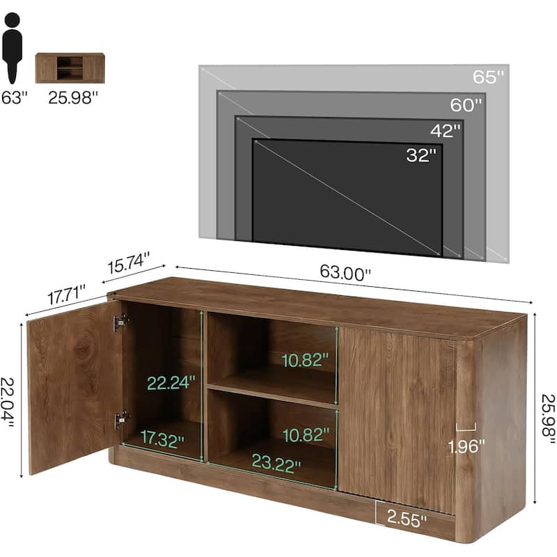 63 TV Stand for TVs Up to 65, Fluted Media Console with Open Storage & Side Cabinets, Wood Floor Standing TV Console Table