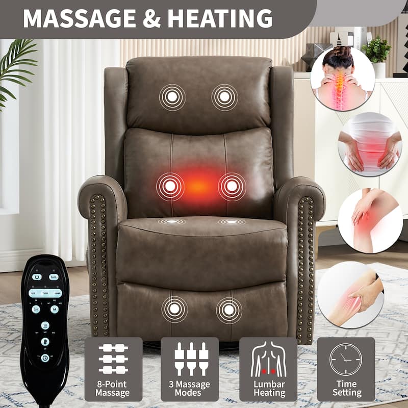 360° Swivel Rocking Recliner with Heat & Massage, Genuine Leather