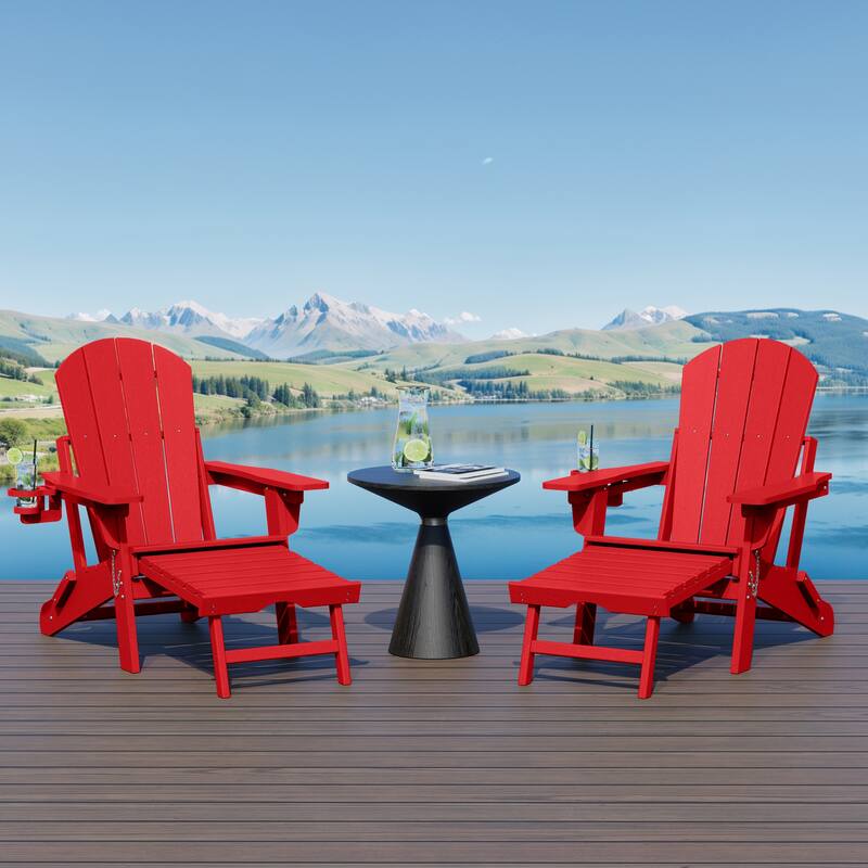 Laguna Outdoor Folding Adjustable Adirondack Chair with Cup Holder & Hideaway Ottoman (Set of 2)