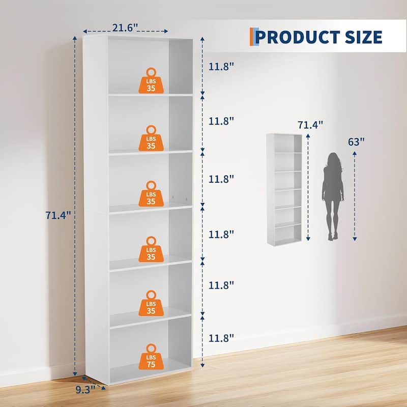 6-Shelf Tall Industrial Bookcase Open Display Shelf for Home Office