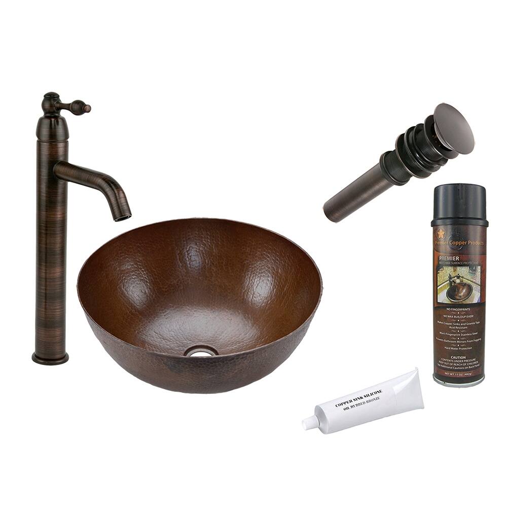 Small Round Vessel Hammered Copper Sink with Accessories (BSP1_VR13BDB)