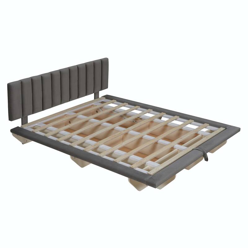 Queen Size Upholstered Floating Bed with LED Light and USB Port
