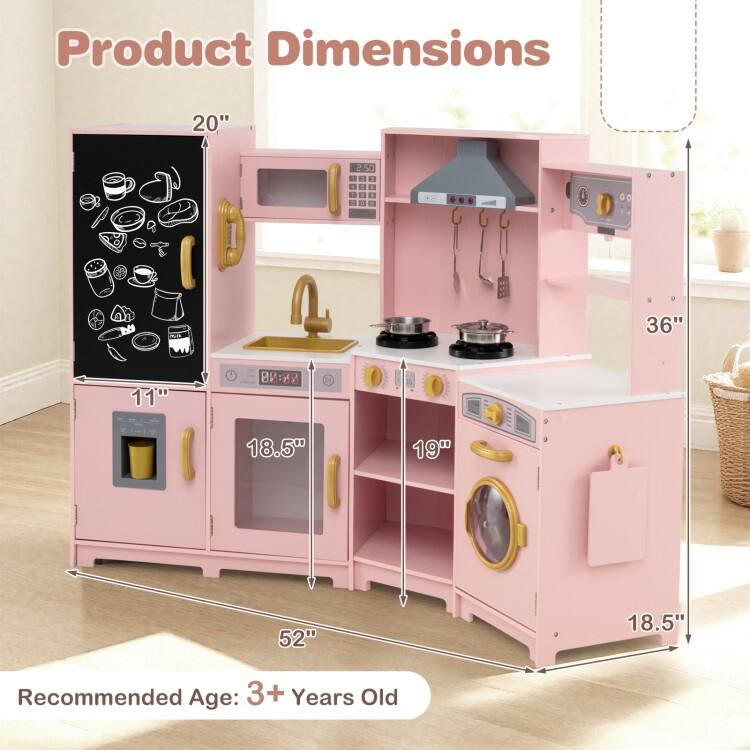 MDF Kids Corner Play Kitchen with Lights, Sounds and Ice Maker - 52" × 18.5" × 36"
