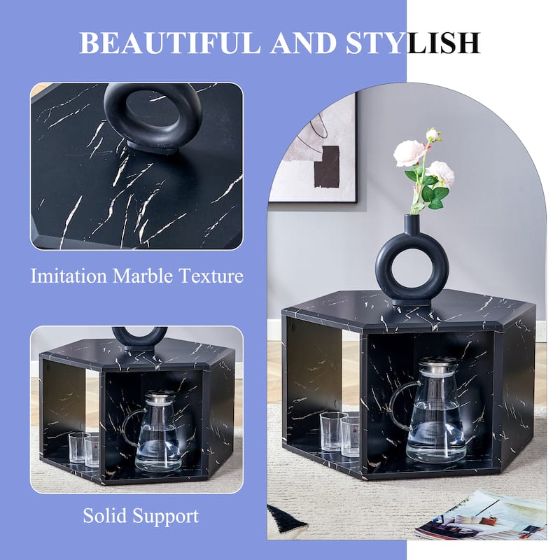Hexagonal MDF coffee table, characteristic pattern stickers, multi-hole design to give more storage space