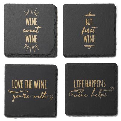 Life Happens-Wine Helps Slate Coasters Gold Set Of 4, Square 4X4" - 4 in. W x 4 in.D