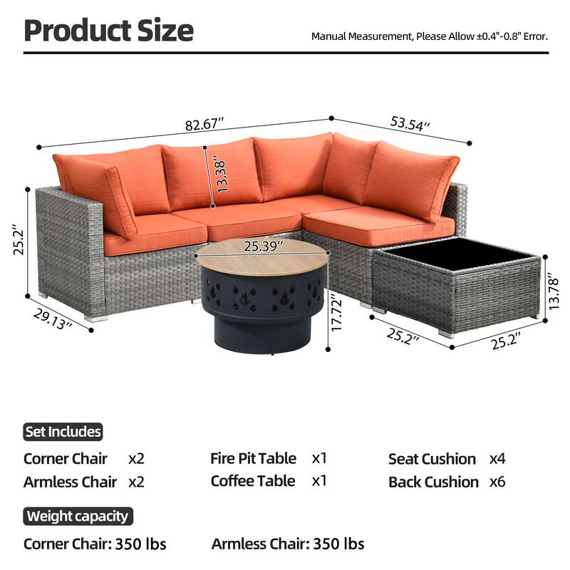 XIZZI 6-piece Outdoor Wicker Furniture Sectional Set with Wood Burning Firepit