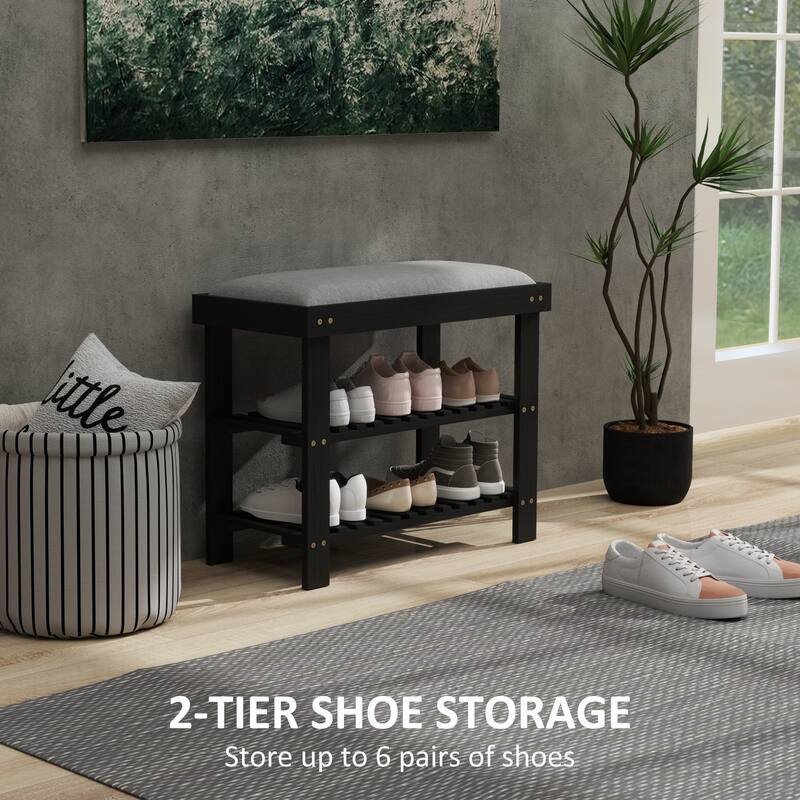 Wicker Two-Tier Storage Shoe Bench with Linen Cushion and Entryway Seating for Home and Hallway - 23.6" W x 11.4" D x 19.3" H