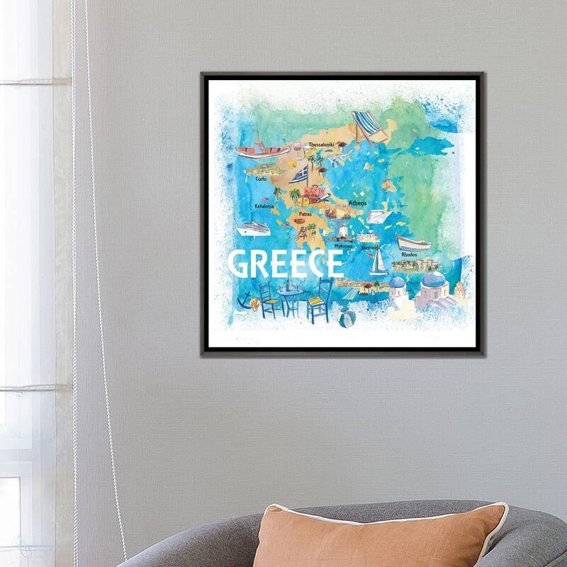 iCanvas "Greece Illustrated Travel Map With Landmarks And Highlights" by Markus & Martina Bleichner Framed