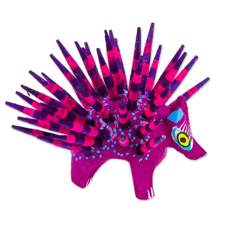 Novica Handmade Cute Porcupine In Purple Wood Alebrije Figurine