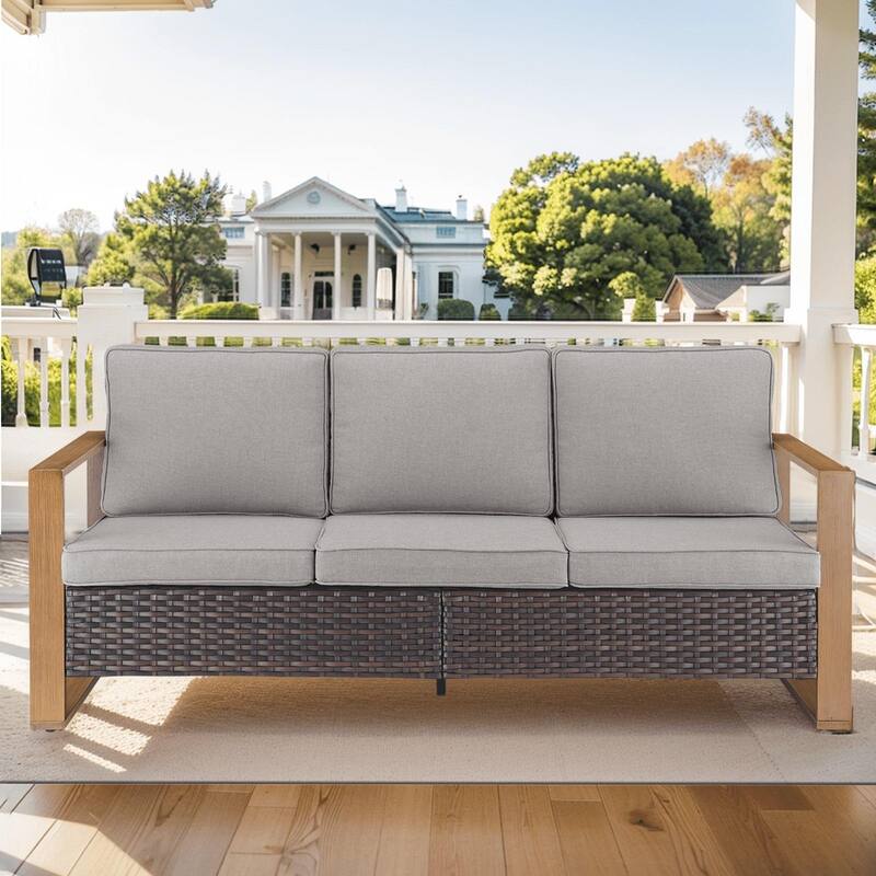 High Back Outdoor Furniture with Thick Cushion - Brwon Wicker Grey Cushion - 1PC 3-Seat Sofa