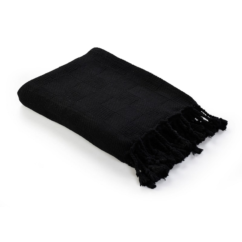 HomeRoots 50" x 60" Black Woven Cotton Throw Blanket with Fringe