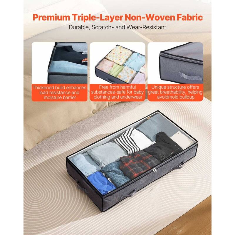 Grey Fabric Under-Bed Storage Bag 90L Foldable with Double Zipper and PVC Top 6 Pack - 39.2 x 19.7 x 7.1 inch