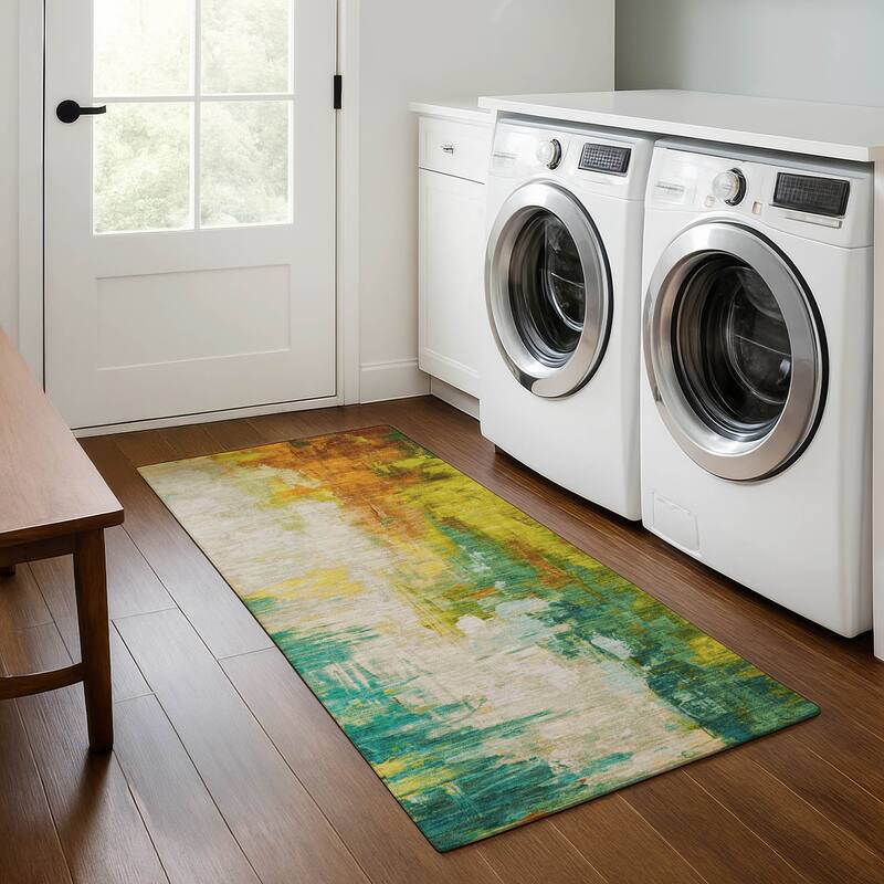 Premium Washable Super Soft Abstract Brushstroke Mayfield Rug - Green - 2'3" x 7'6"