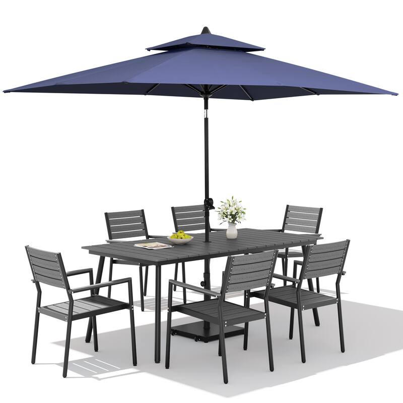 9PC Outdoor Patio Dining Set Aluminum Table with Stackable Armchairs w/ Premium Market Umbrella Sets