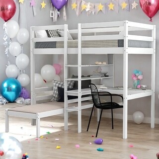 Twin Loft Bed with L-Shape Desk, Shelves and Ladder, White