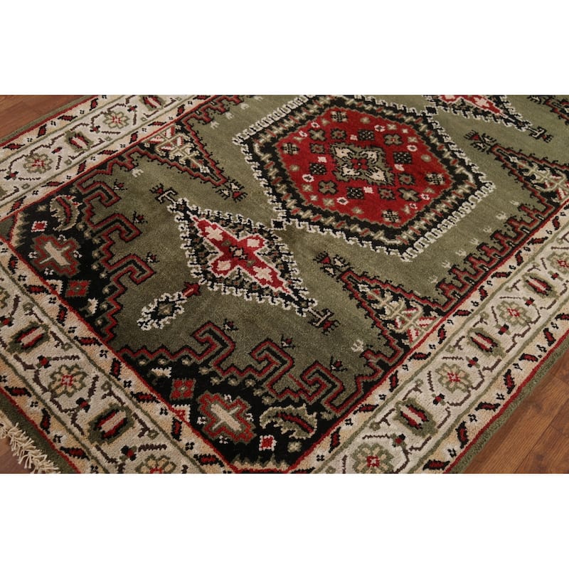 Green Geometric Viss Indian Runner Rug Handmade Wool Carpet - 4'1"x 11'10"