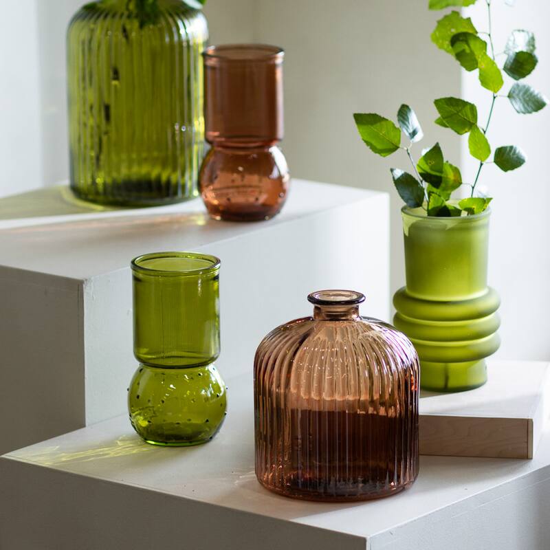 6.5" Frosted Glass, Stacked Rings Vase, Green