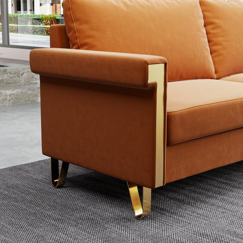 2-Seat Velvet Sofa with Flared Arms and Gold Metal Accents, Mid-Century Modern for Living Room
